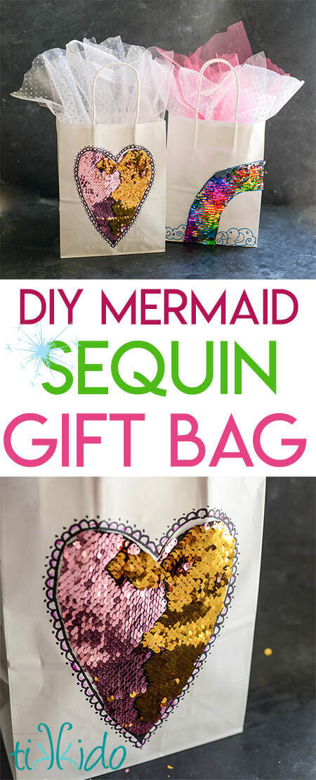 Collage of mermaid sequin fabric embellished gift bags optimized for Pinterest.