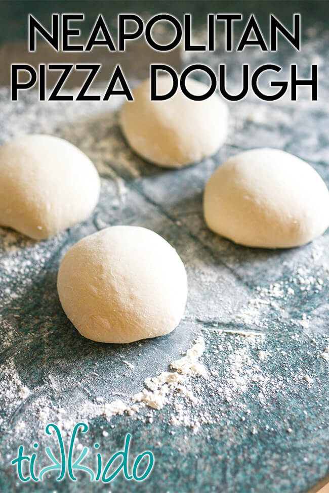 Four Neapolitan Pizza Dough balls on a floured surface, with text overlay reading "Neapolitan Pizza Dough."