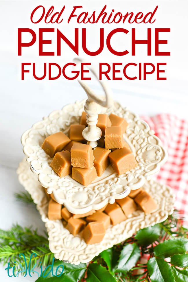 Squares of golden brown penuche fudge on a two tier, white serving tray, with text overlay reading "Old Fashioned Penuche Fudge Recipe."