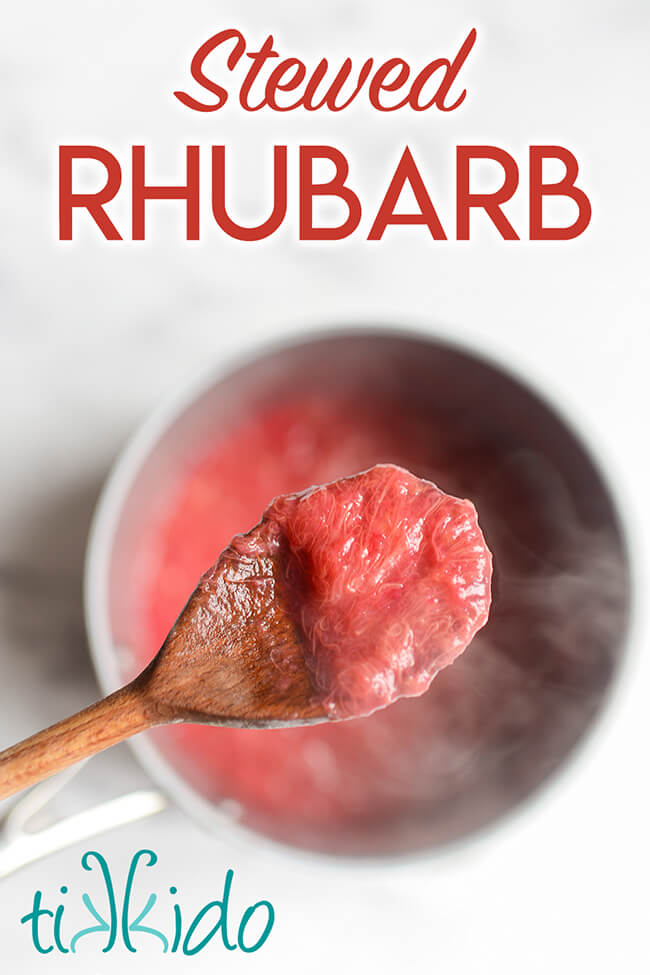 Stewed rhubarb on a wooden spoon above a steaming pot, with text overlay reading "Stewed Rhubarb."