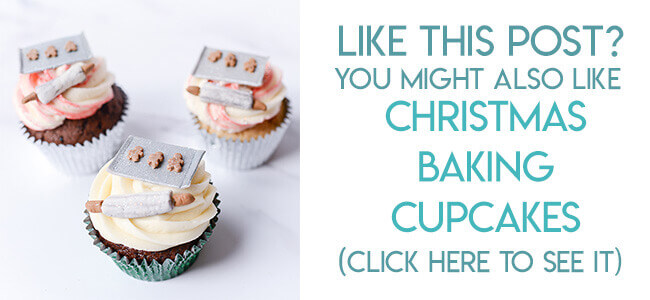 Navigational image leading reader to miniature baking scene Christmas cupcake topper tutorial.