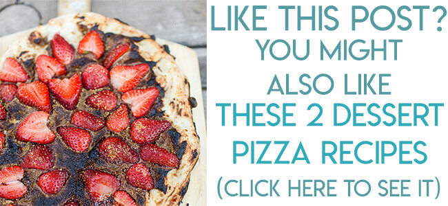 Navigational image pointing to dessert pizza recipe, chocolate strawberry pizza on a wooden peel.
