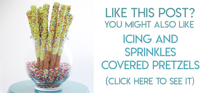 Navigational image leading reader to tutorial for making icing and sprinkles covered pretzels