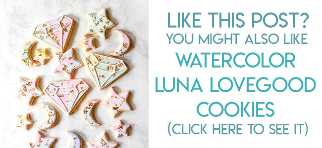Navigational image leading reader to watercolor and gold leaf sugar cookies inspired by Luna Lovegood from Harry Potter.