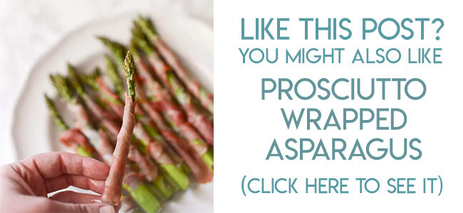 Navigational image leading reader to recipe for prosciutto wrapped asparagus appetizer.