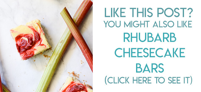 Navigational image leading reader to rhubarb cheesecake bars recipe.