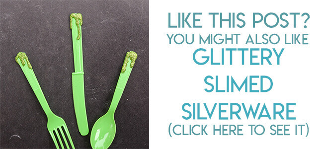 Navigational image leading reader to tutorial for glittery slimed plastic silverware.