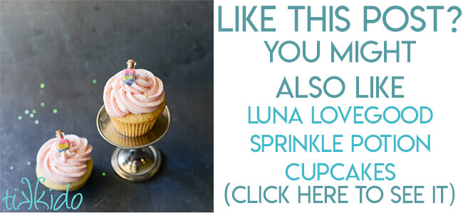 Navigational image leading reader to Luna Lovegood sprinkle potion bottle cupcake topper tutorial.