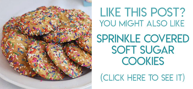Navigational image leading reader to recipe for sprinkle covered soft sugar cookies.