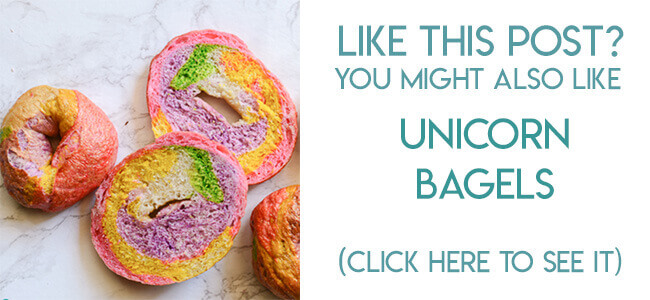 Navigational link leading reader to recipe for rainbow unicorn bagels.