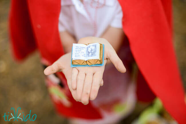 Chocolate book favor in a little girl's hand for the Little Red Riding Hood party.