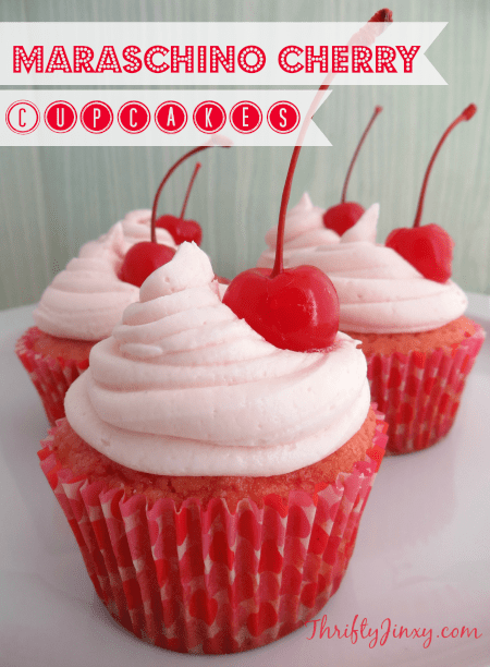 Maraschino cherry cupcakes topped with maraschino cherries.