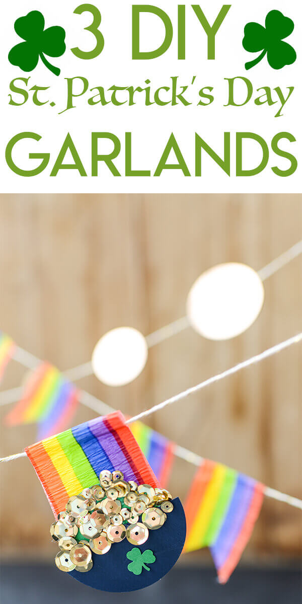 Pinterest optimized collage with three rainbow and pot of gold garlands