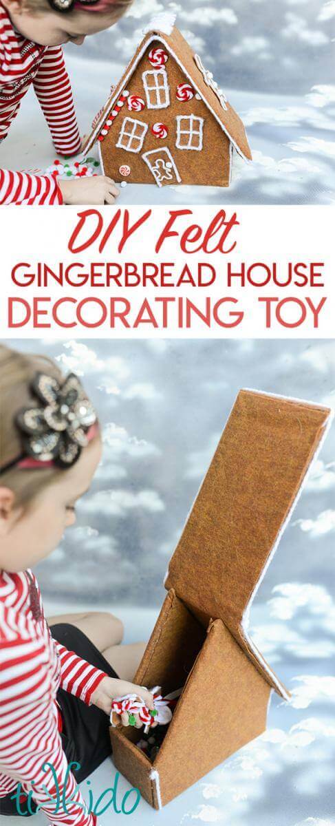 Collage of felt gingerbread house toy pictures with text reading "DIY felt gingerbread house decorating toy."