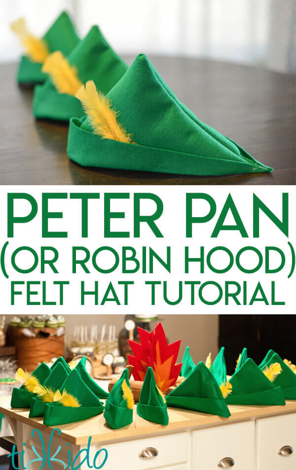 Green felt Peter Pan hat with a yellow feather tucked in the brim, collage optimized for Pinterest