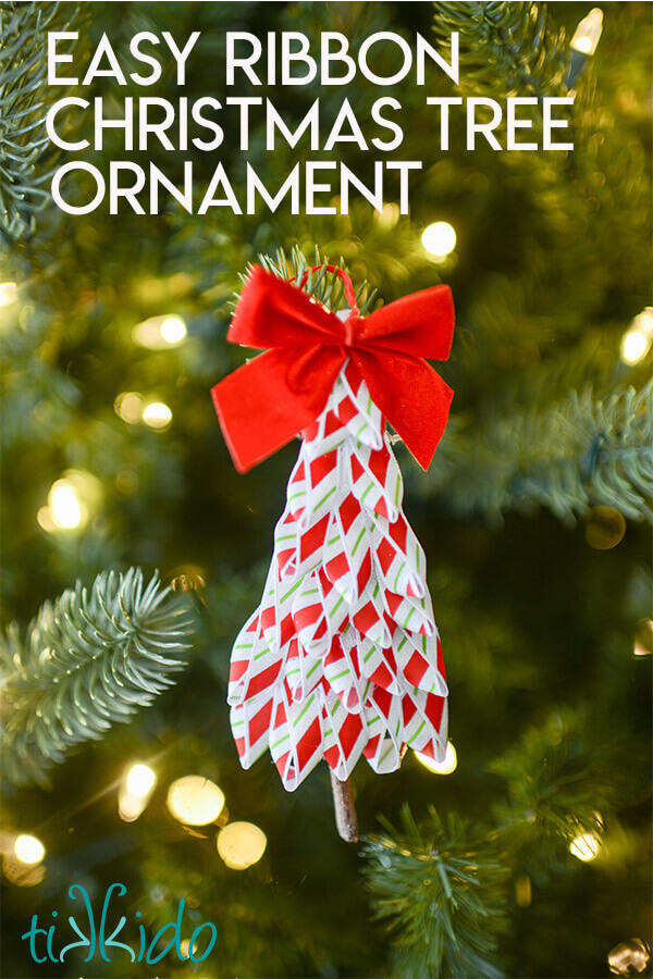 Peppermint striped ribbon Christmas tree shaped Christmas ornament.