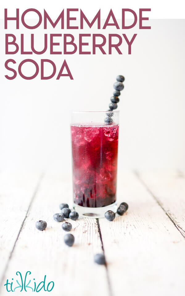 Tall glass of a vibrant bluish-purple blueberry soda with ice, with a stirrer made from skewered blueberries, on a white surface with fresh blueberries scattered around.