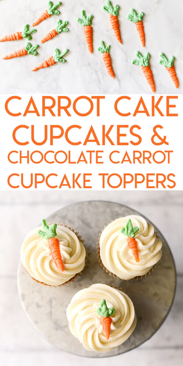 A collage of photos of chocolate carrot cupcake toppers and carrot cake cupcakes optimized for Pinterest