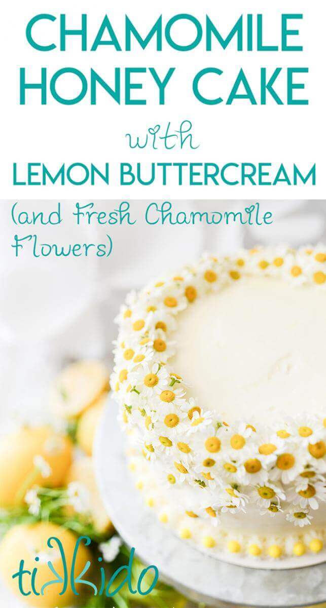White cake decorated with a wreath of fresh chamomile flowers, against a white background with fresh lemons surrounding.