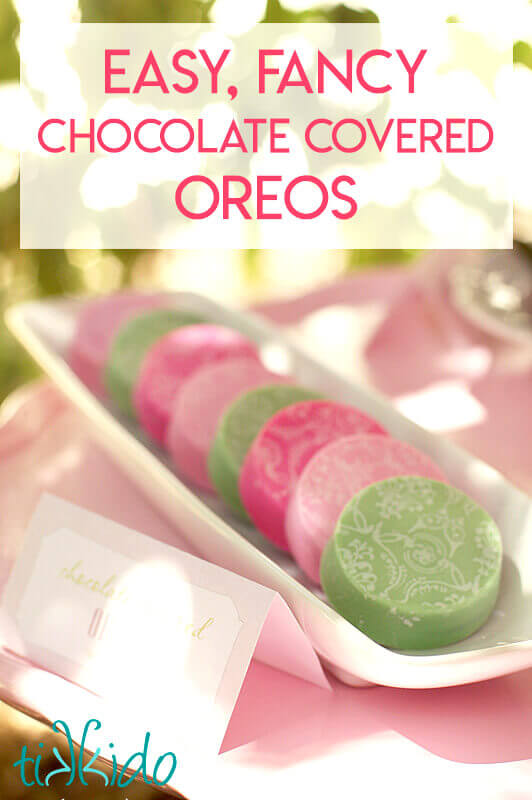 Tutorial for making easy, fancy chocolate covered oreos with chocolate transfer sheets.
