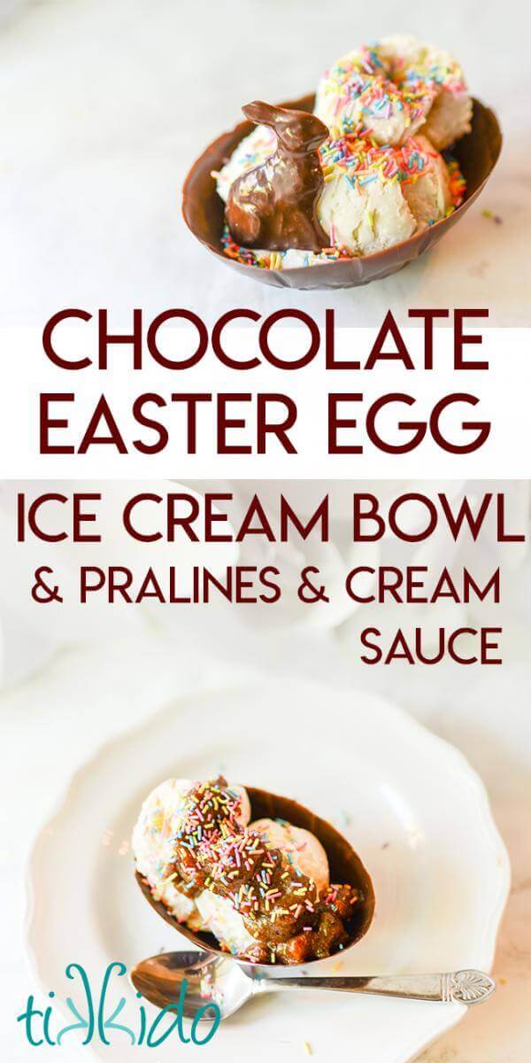 Collage of edible chocolate easter egg bowl filled with ice cream and a chocolate bunny, optimized for pinterest