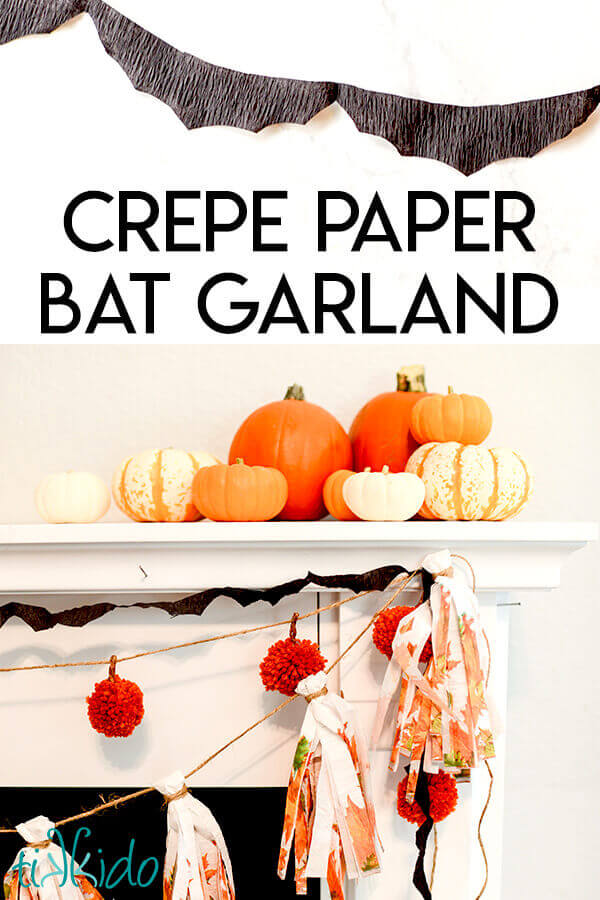 Tutorial for making a bat garland out of crepe paper for Halloween, including a free printable bat template.