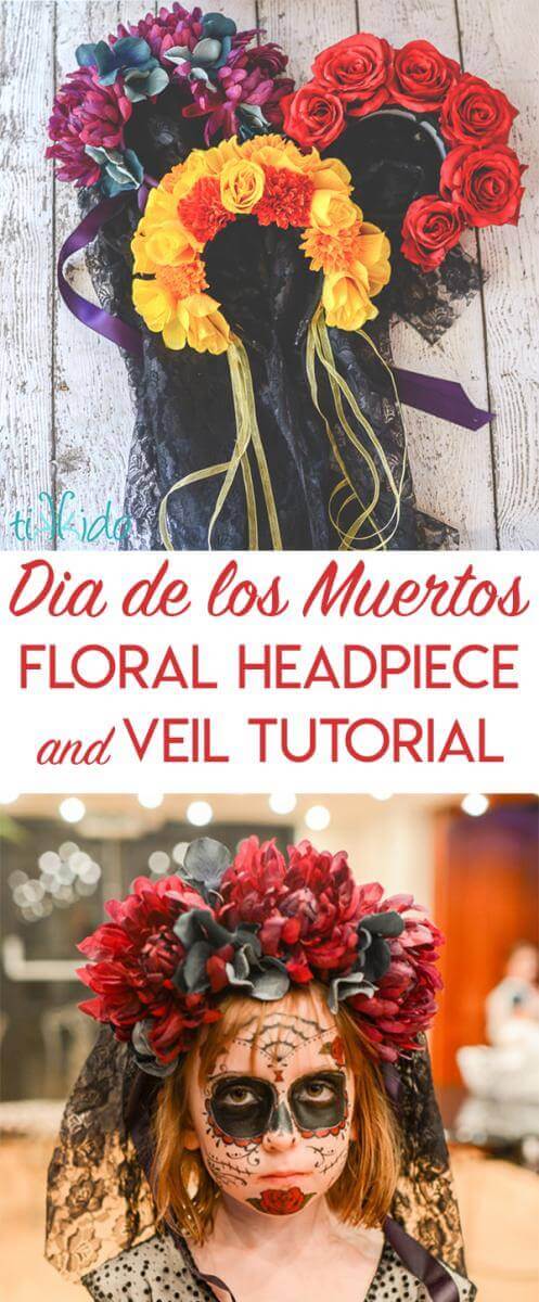 Collage of images of Day of the Dead headpieces optimized for Pinterest