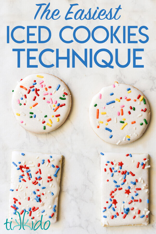 Sugar cookies dipped in royal icing and covered in sprinkles.