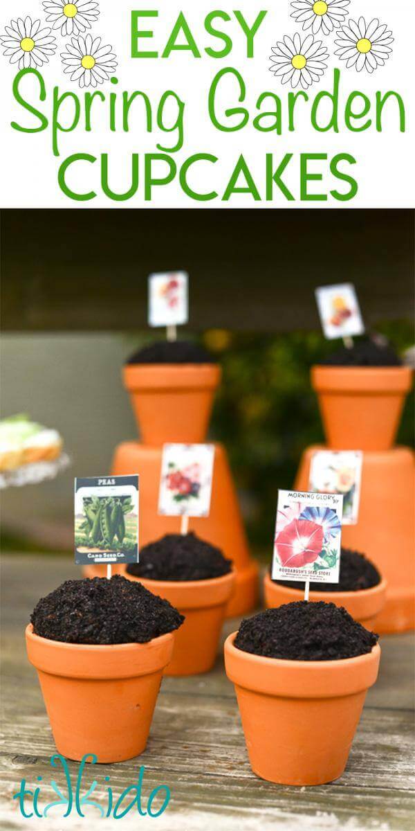 Spring garden cupcakes in terra cotta pots topped with printable vintage seed packet cupcake toppers.