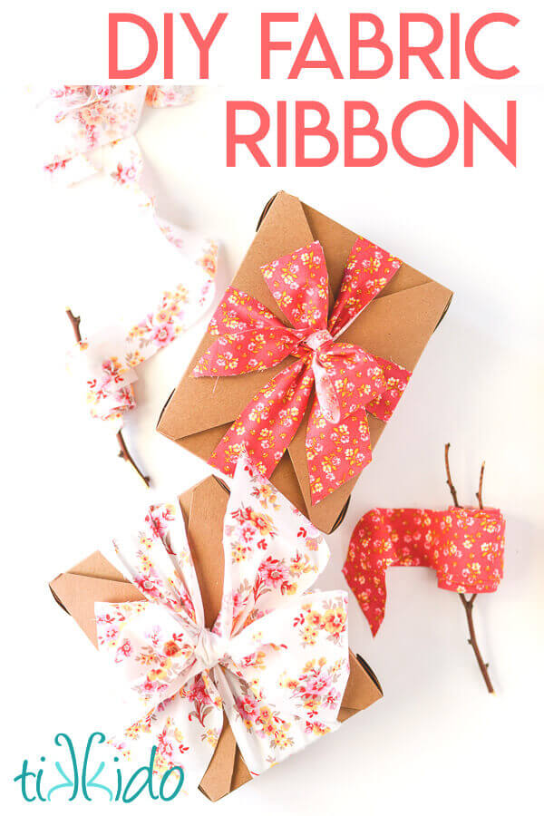 DIY fabric ribbon tutorial showing two boxes wrapped with fabric ribbon.
