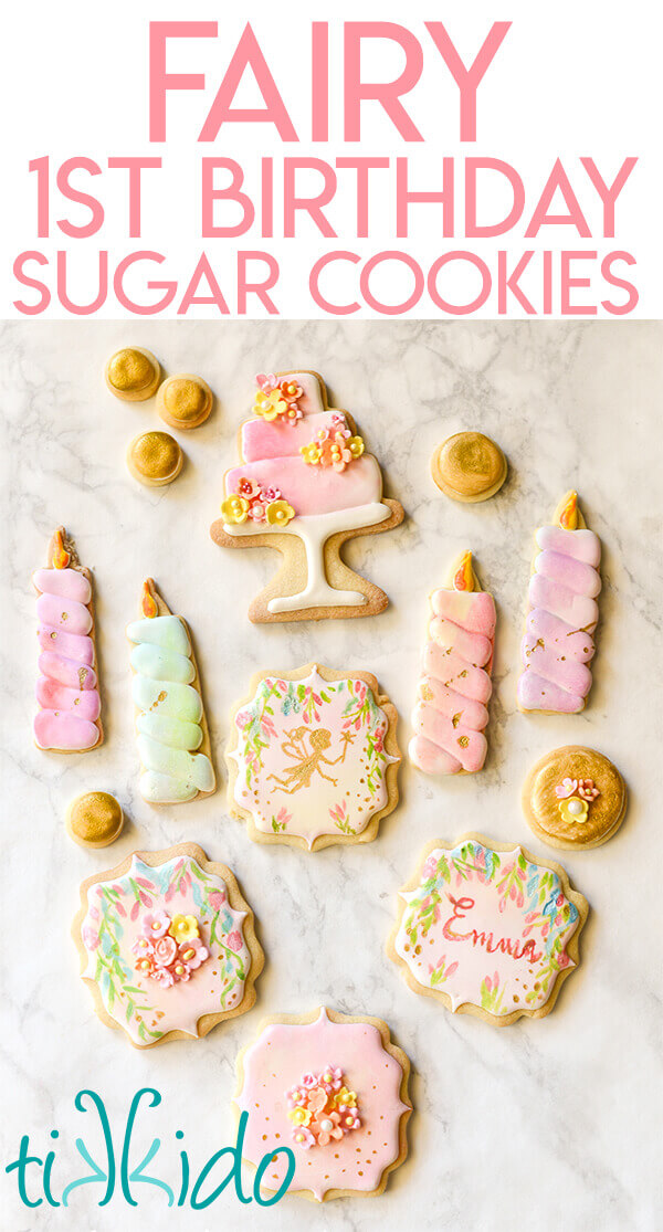 Watercolor fairy sugar cookies painted in pastel colors for a fairy birthday party.