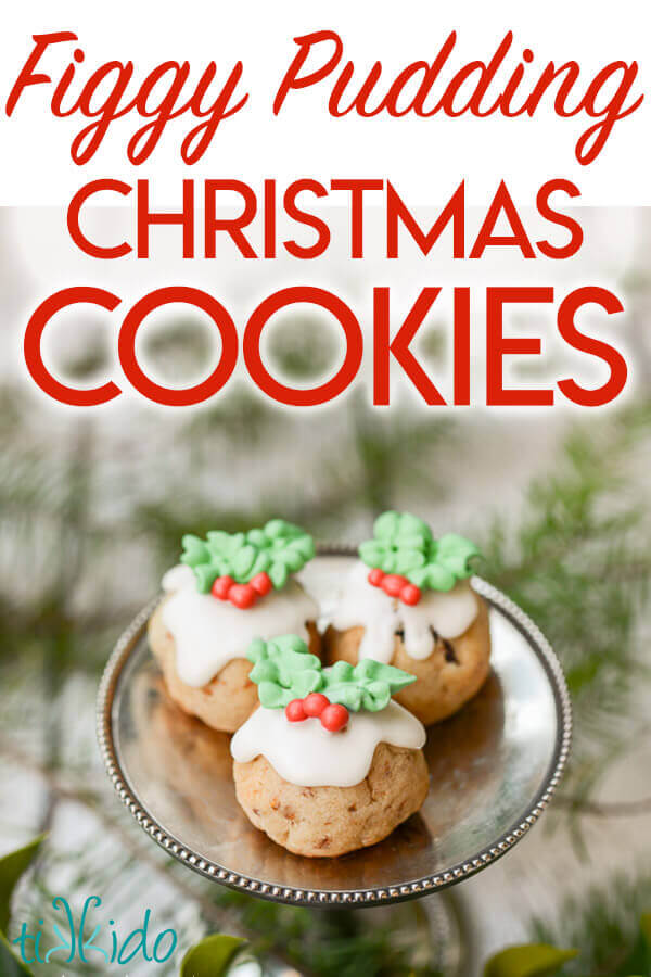 Christmas cookies that look like miniature figgy puddings, complete with rum icing and royal icing holly leaves.