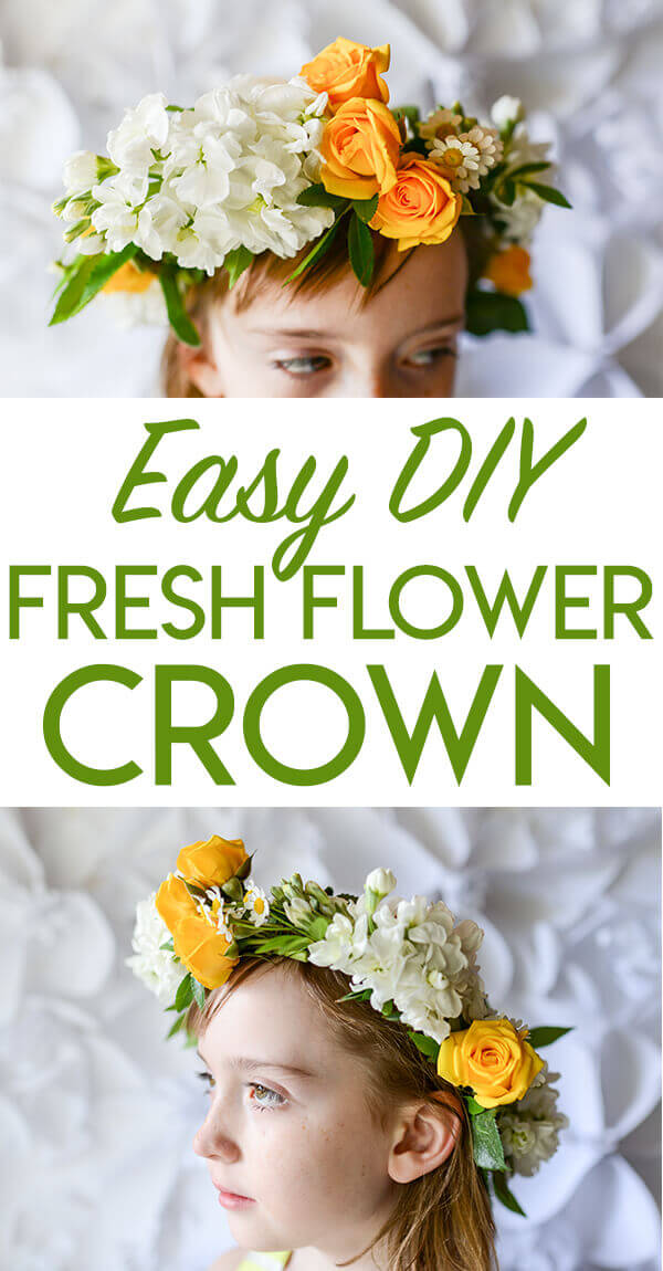 collage of a little girl wearing a fresh flower crown made from white and yellow flowers