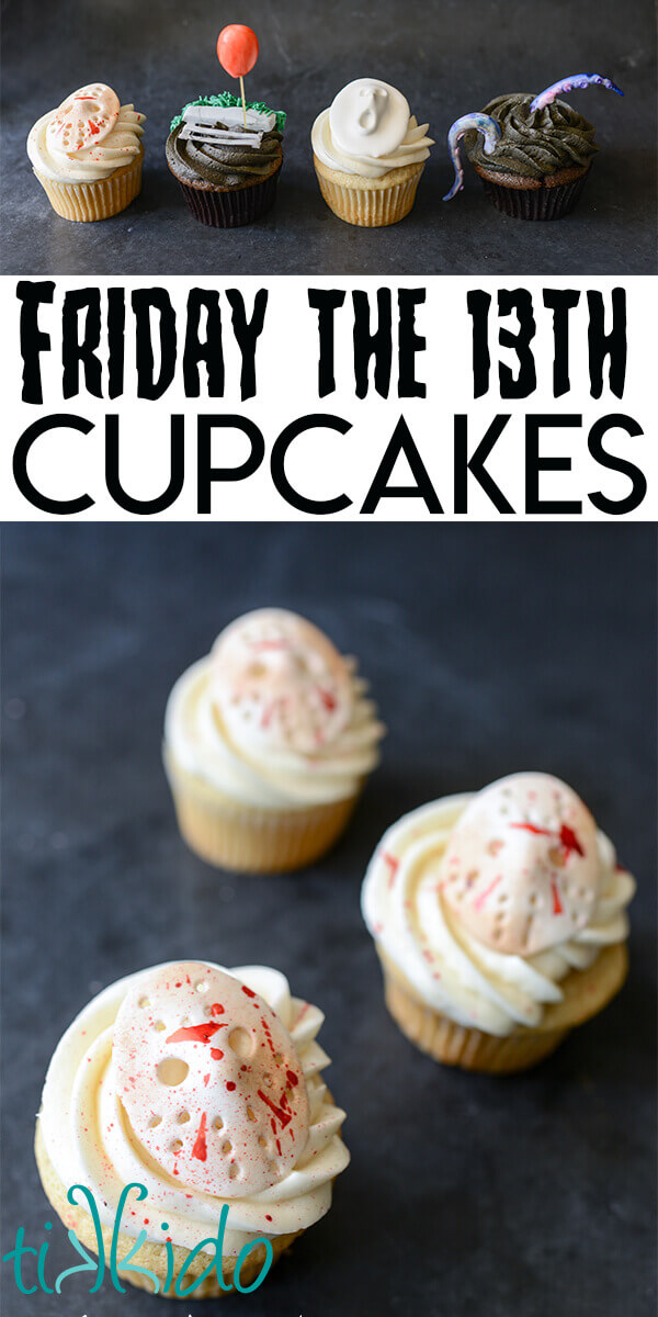 Cupcakes inspired by classic horror movies, in a collage optimized for pinterest.