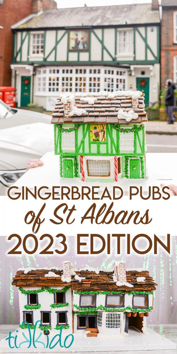 Collage of gingerbread replicas of two pubs in St Albans, England.