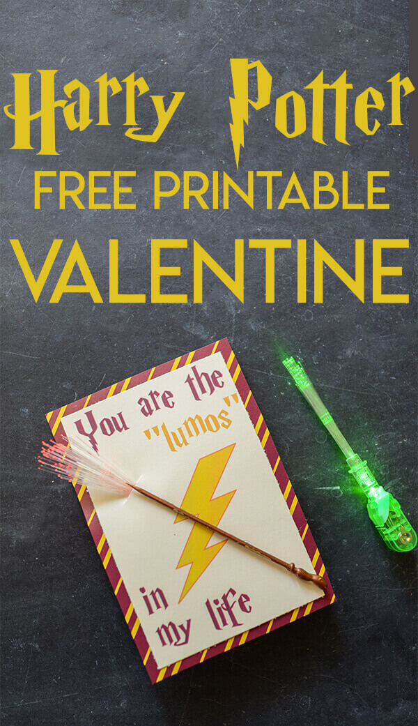 Harry Potter themed printable valentine with a yellow lightning bolt, miniature wand, and LED finger lights