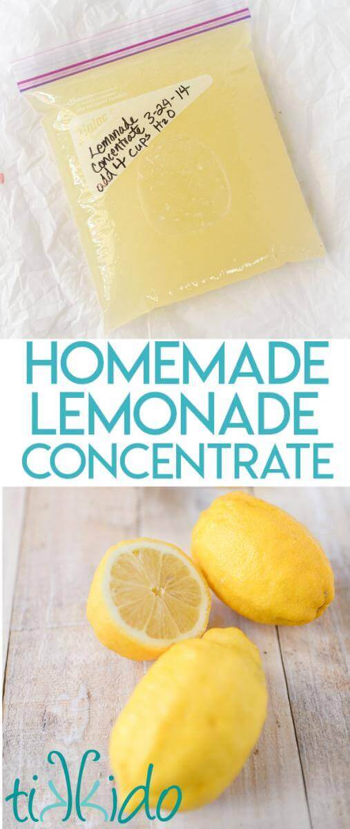 Homemade lemonade concentrate in a freezer bag.