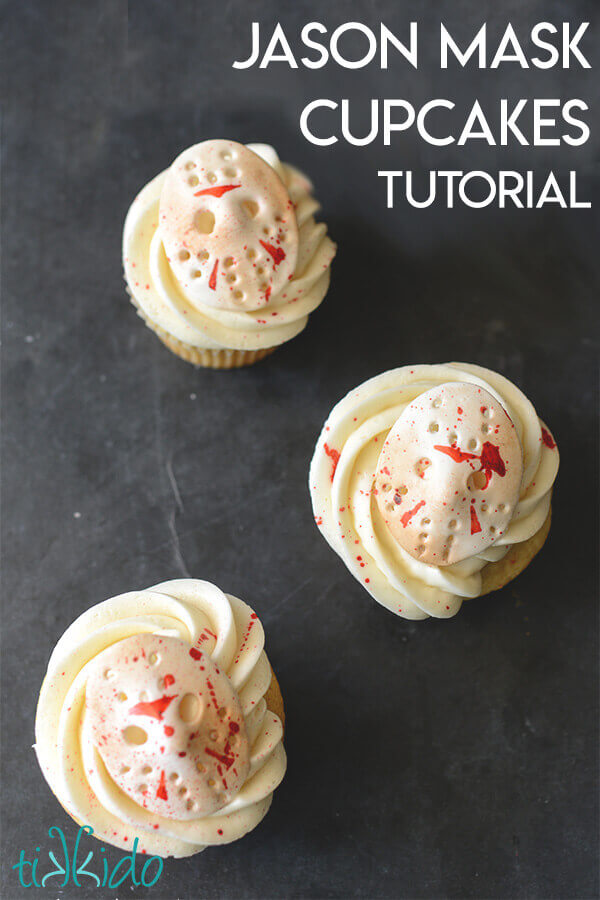 Tutorial for blood spattered Jason mask Friday the 13th cupcake toppers for Halloween.