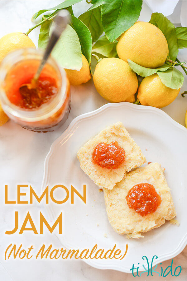 Jar of homemade lemon jam next to a white plate with a biscuit split in half and topped with a dollop of lemon jam.