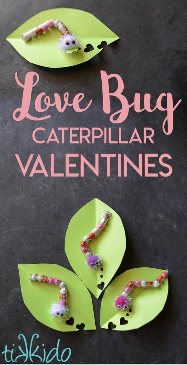 Love Bug chocolate sixlet caterpillar on paper leaf valentine tutorial.