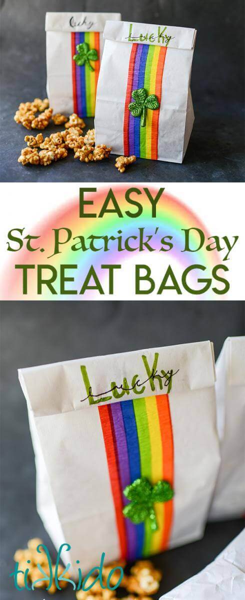 Collage of white paper lunch sacks decorated with rainbow crepe paper and glittery green shamrocks, optimized for Pinterest