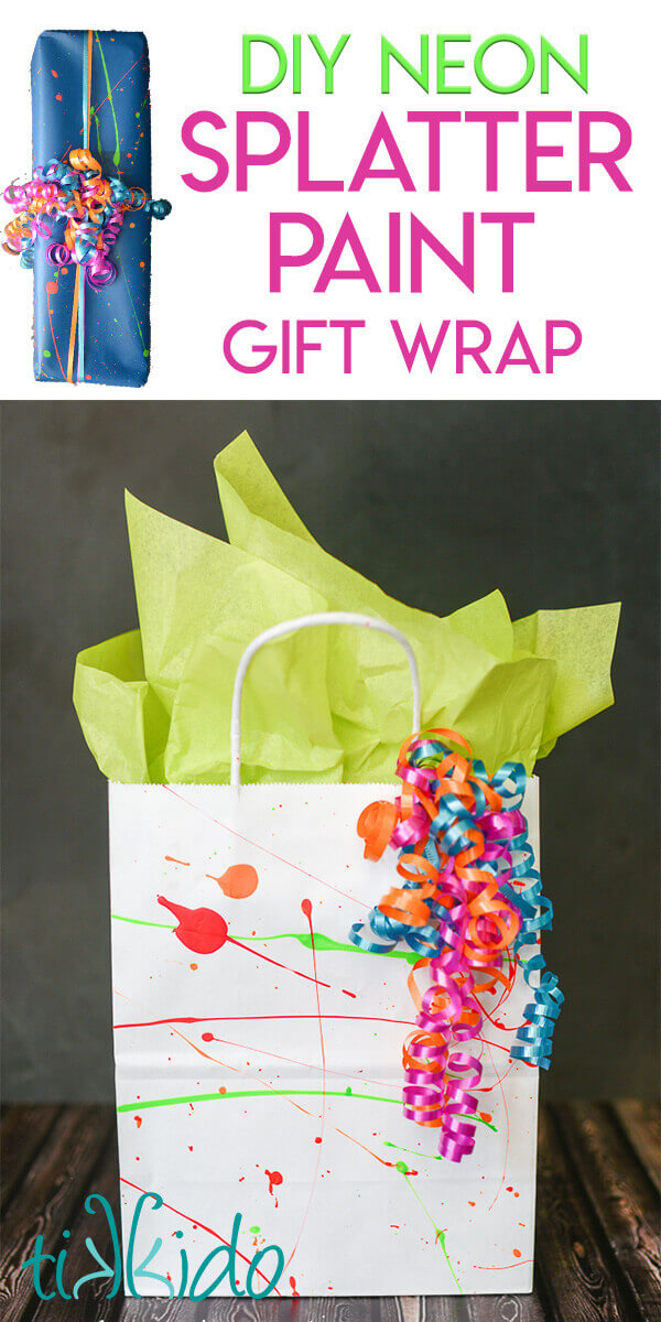 Collage of splatter paint wrapping paper images optimized for pinterest.