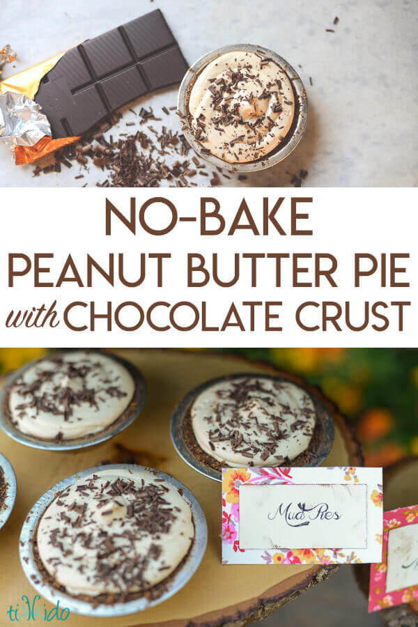 No bake Peanut Butter Pie with chocolate graham cracker crust, covered in chocolate shavings.