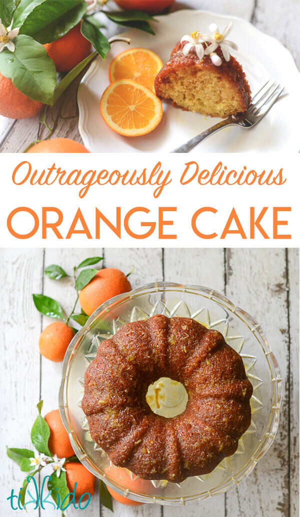 Orange bundt cake surrounded by oranges, orange tree branches, and orange blossoms.