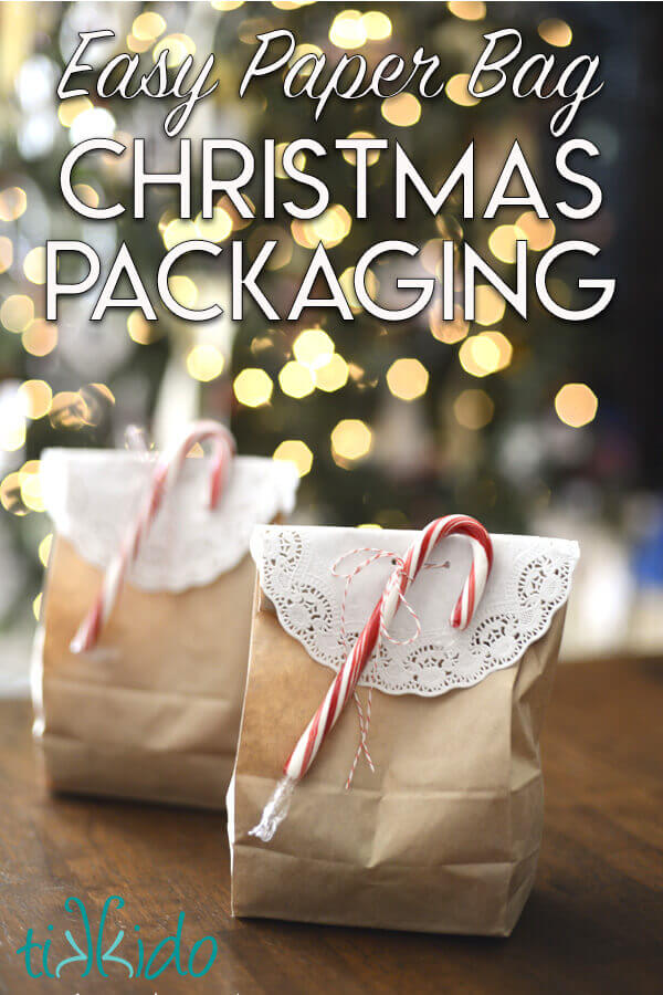 Easy Christmas gift wrapping idea using a brown paper lunch sack and a doily.
