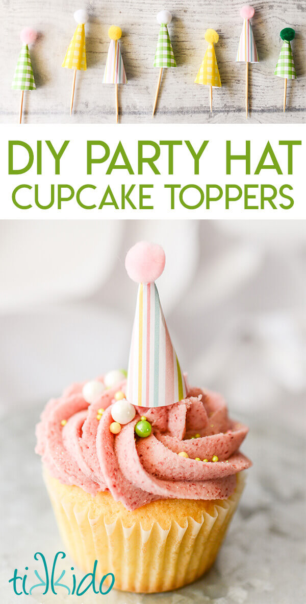 Collage of photos of paper party hat cupcake toppers optimized for pinterest