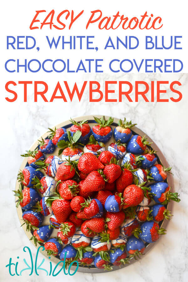 Patriotic red, white, and blue chocolate covered strawberry platter for Memorial Day and the 4th of July.