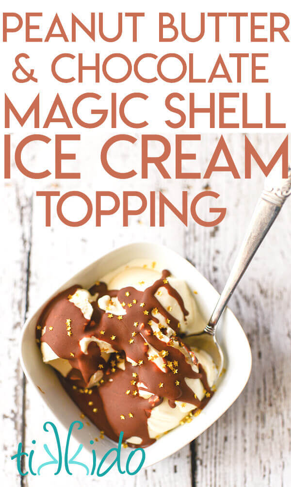 Peanut butter chocolate magic shell ice cream topping covered in edible gold star sprinkles on vanilla ice cream in a white bowl on a white background.