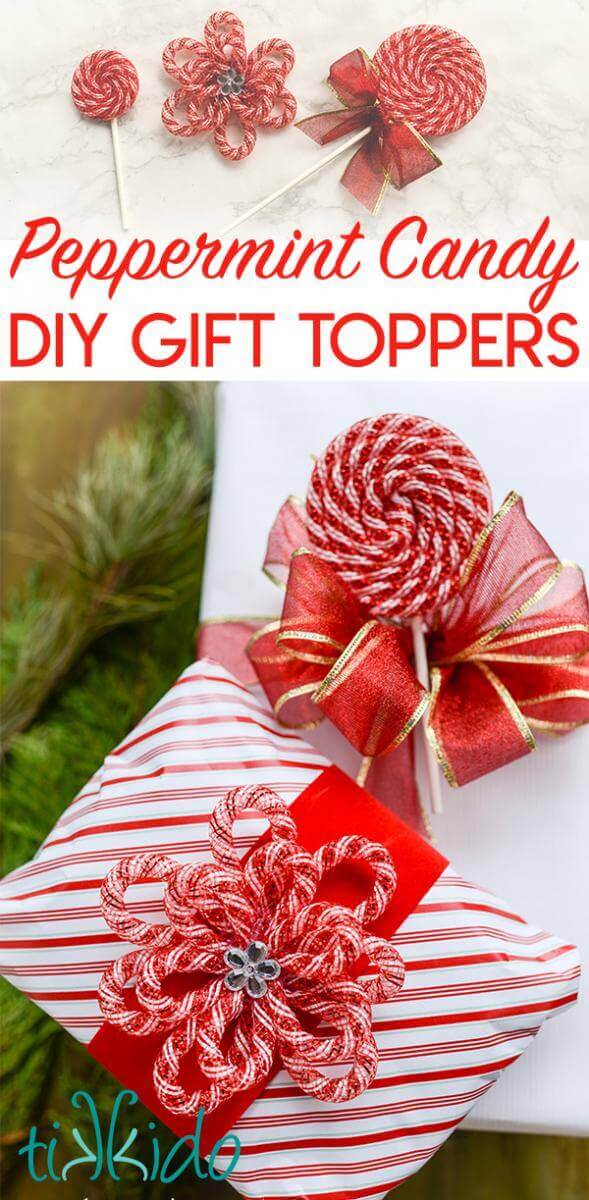 Make these gift toppers and tags that look like festive peppermint candies out of materials from the dollar store.