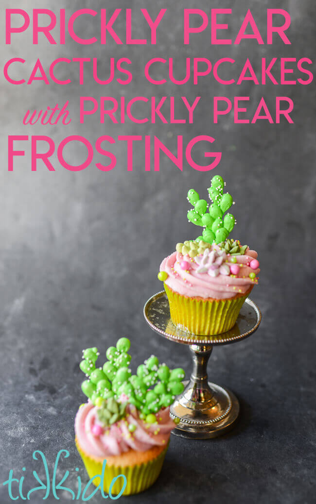 Two prickly pear cupcakes topped with pink prickly pear icing, sprinkles, and royal icing cactus and succulents.